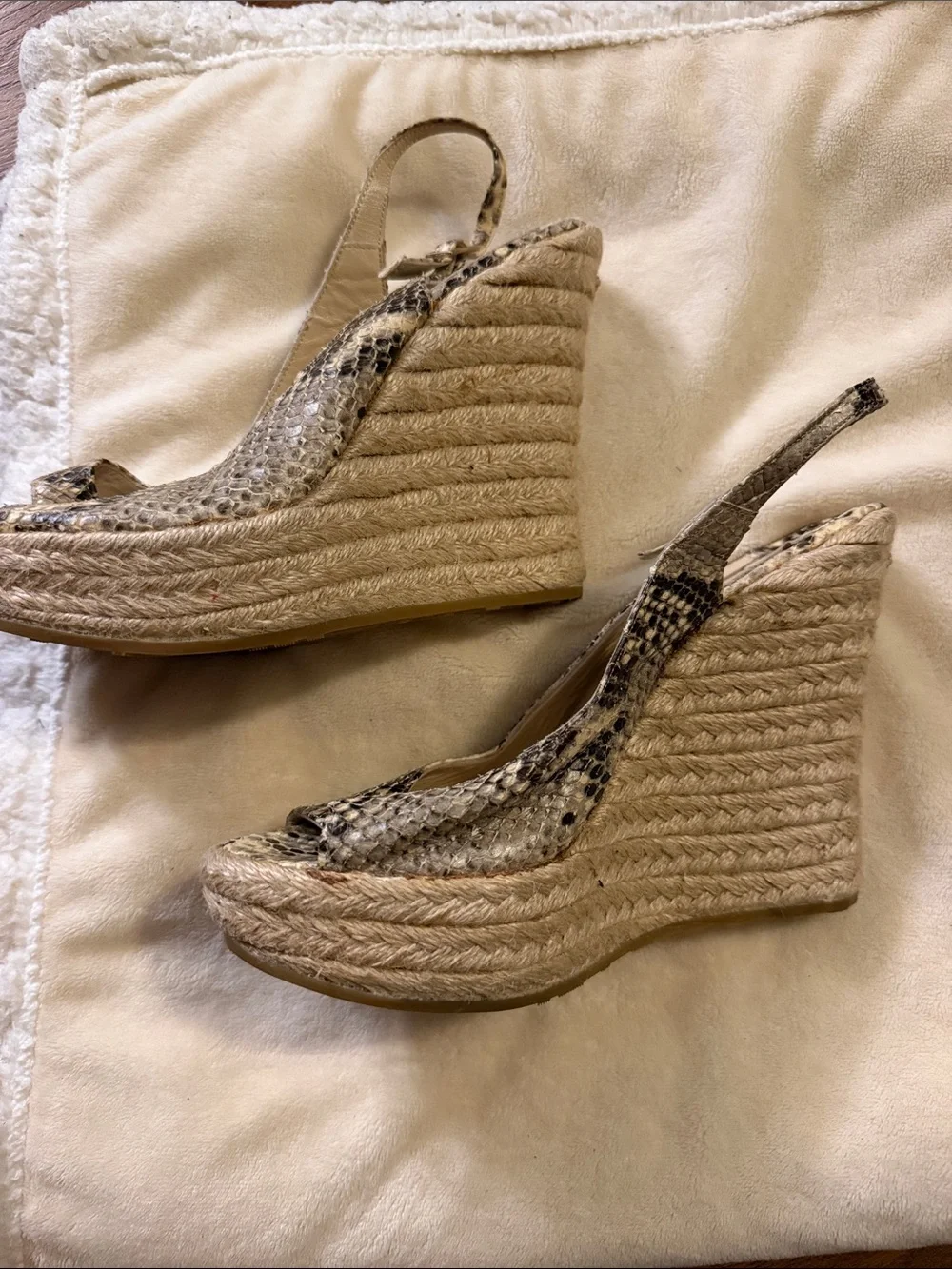 Jimmy Choo Beige and Brown Snake-Print Espadrille Wedges